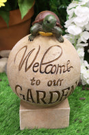 Set of 2 Colorful Frog And Turtle On Welcome to Our Garden Pedestal Ball Statues
