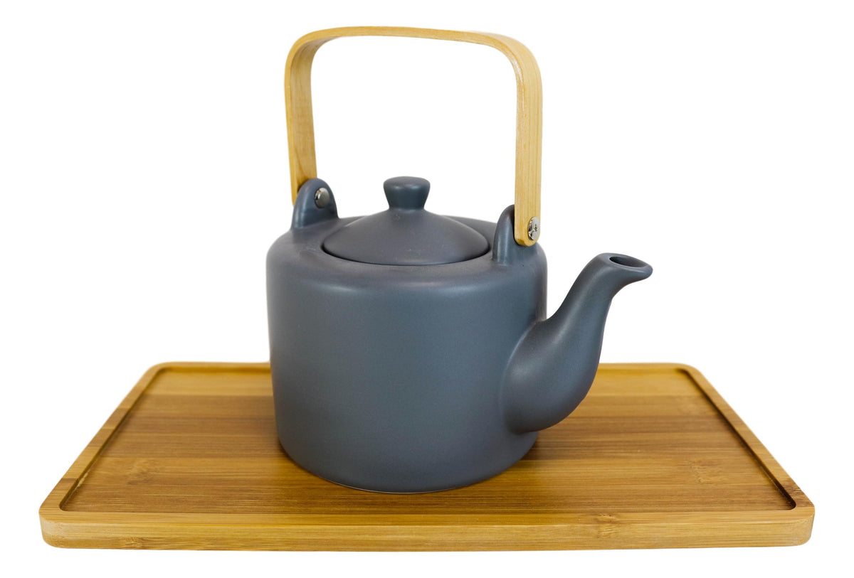 Matte Black Modern Ceramic 28oz Tea Pot With 4 Cups And Bamboo Serving Tray Set