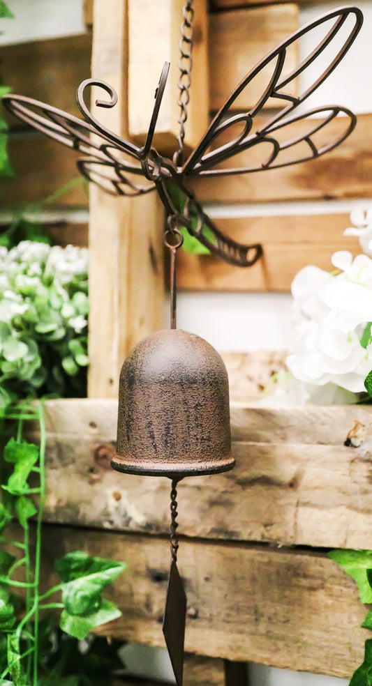 Cast Iron Beautiful Cottage Garden Dragonfly Bell Wind Chime Hanging Mobile