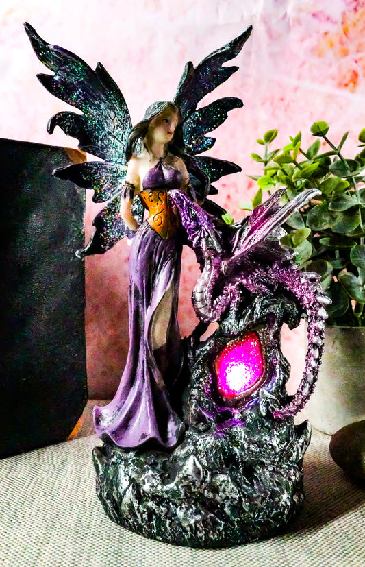 Purple Fairy With Dragon Sitting On LED Crystal Geode Night Light Statue Decor - Ebros Gift