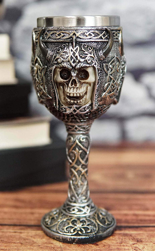 Ebros Viking Skull With Bison Horned Helmet Wine Goblet Chalice 7.5"H 16 Oz - Ebros Gift