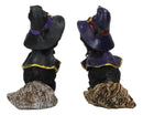 Halloween Black Cats With Witch Hat and Cape On Magical Broomstick Figurines Set