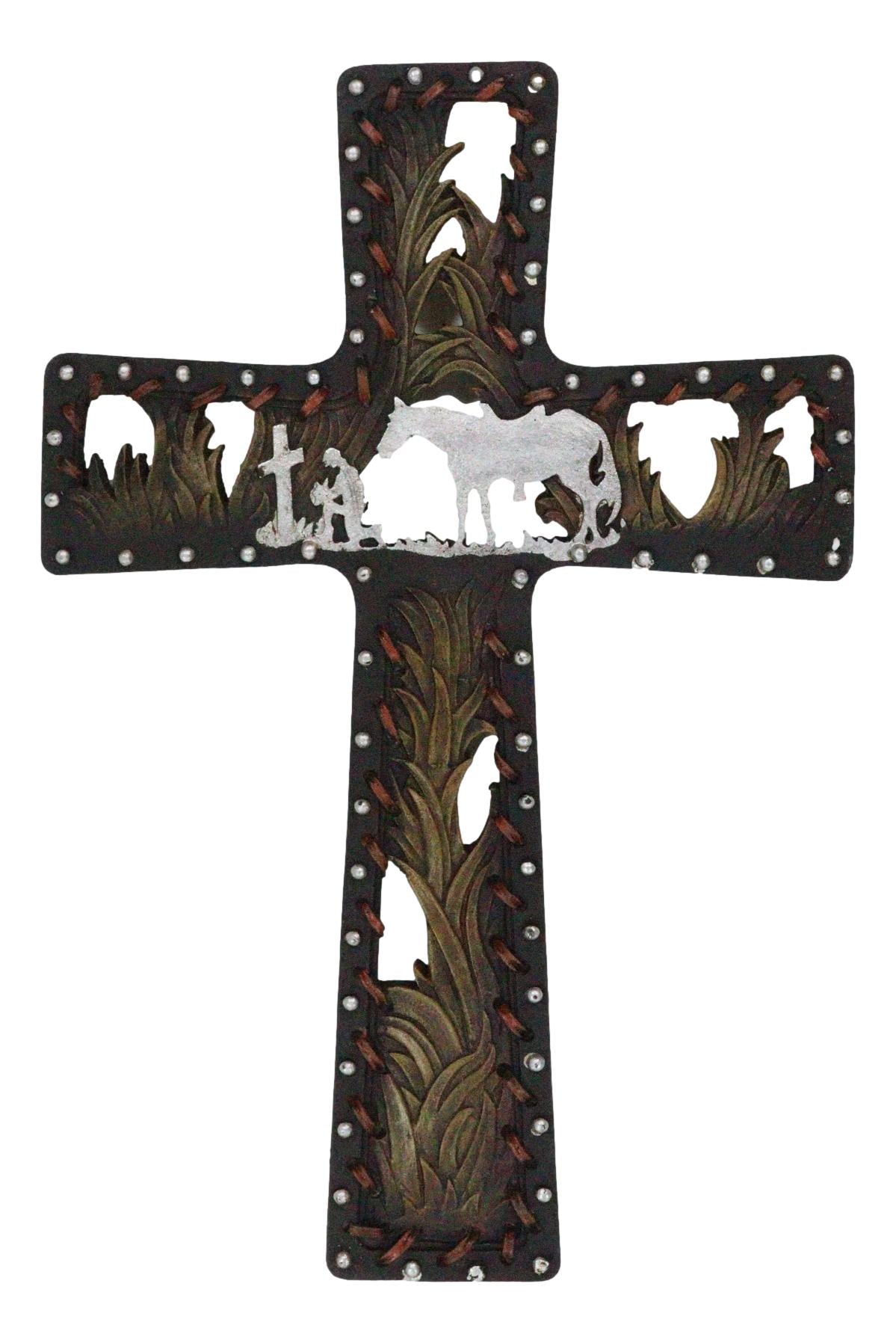 Rustic Western Kneeling Cowboy With Horse In Prayer Faux Leather Wall Cross