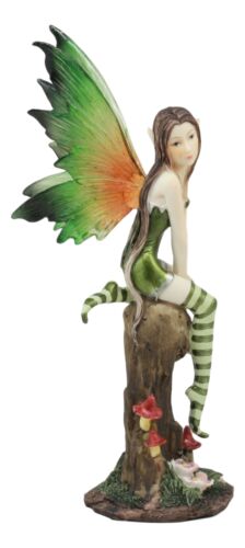 Whimsical Peppermint Elf Fairy Sitting On Tree Stump Statue 9.5"Tall Collectible