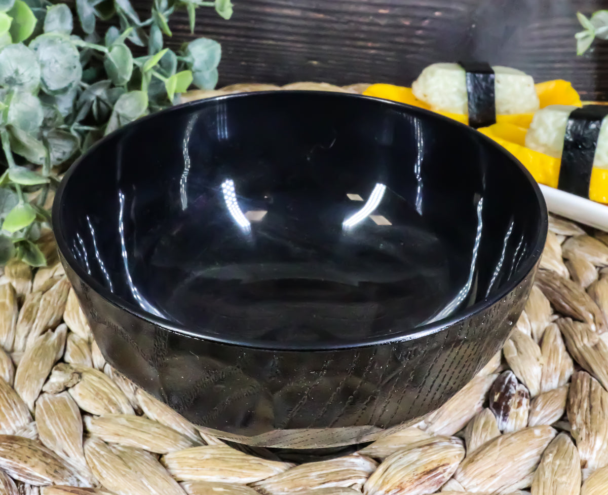 Ebros Japanese Contemporary Black Lacquer Ridged Bowls Made In Japan Set of 10