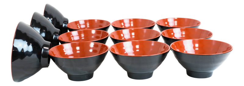 Pack Of 12 Modern Ridged Red Black Melamine Small 10oz Rice Miso Soup Bowls Set