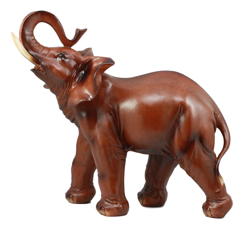 Ebros Faux Mahogany Wood Thai Buddha Elephant With Trunk Up Statue 14.25"Long