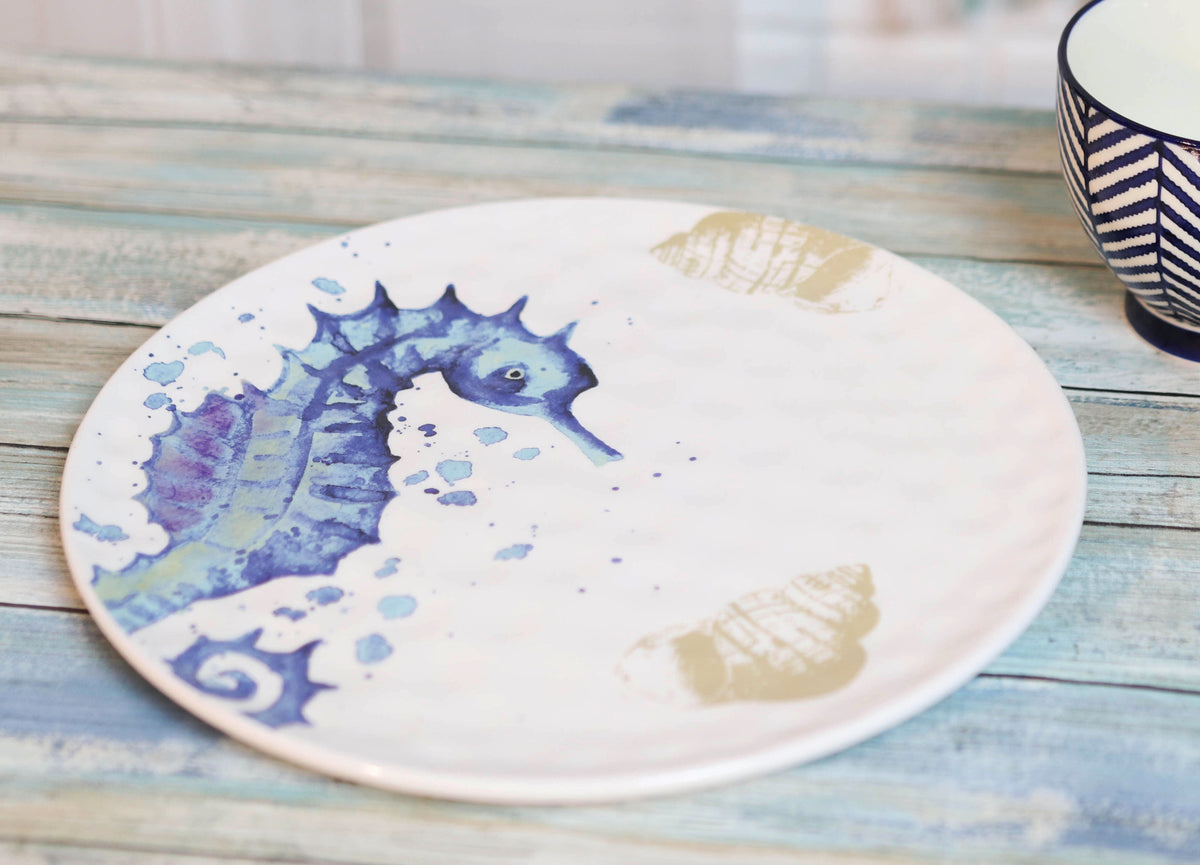 Ebros Nautical Marine Blue & White Seahorse Ceramic Round Dinner Plates 2 Pack