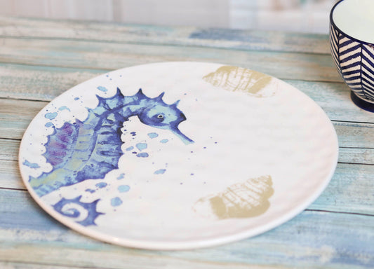 Ebros Nautical Marine Blue & White Seahorse Ceramic Round Dinner Plates 2 Pack