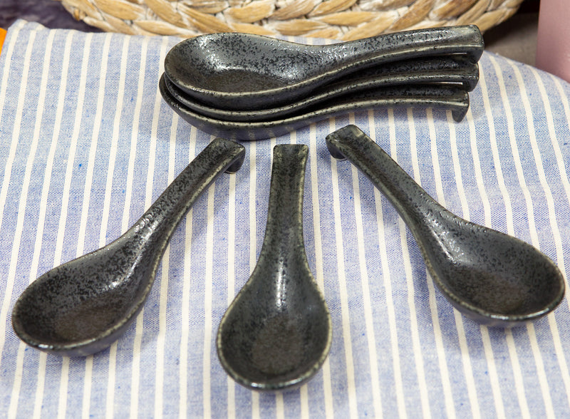 Ebros Made In Japan Ceramic Speckled Black Soup Spoons With Ladle Hook Set Of 6