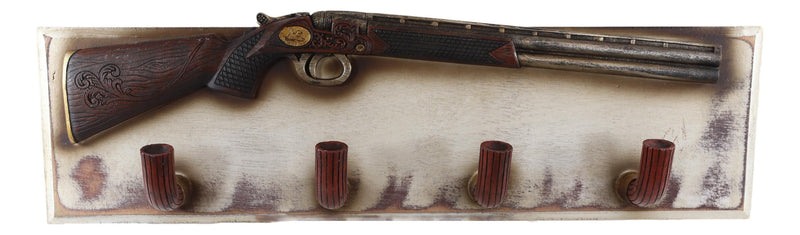 20"L Rustic Western Country Shotgun With 4 Ammo Bullet Wall Hooks Wooden Plaque