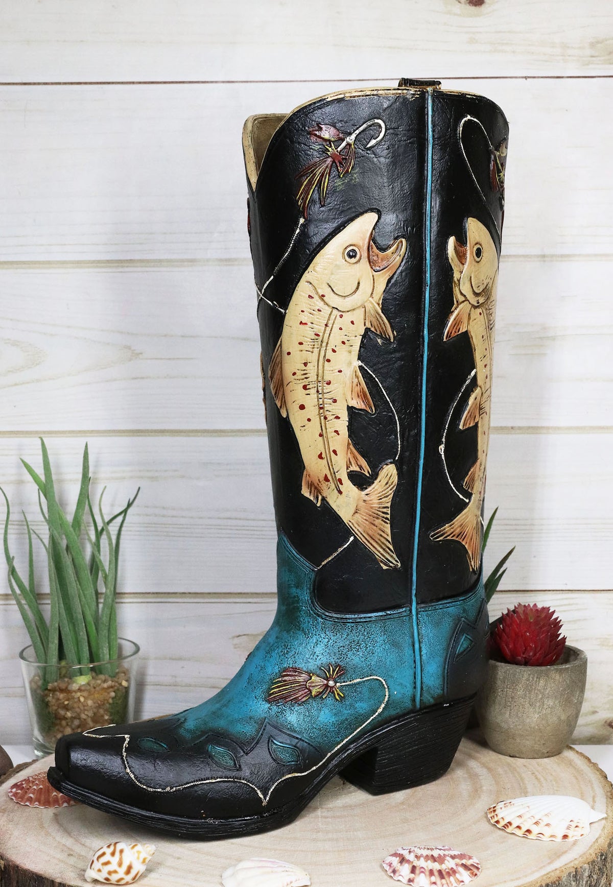 Western Fishing Angler Bass Fishes Cowboy Cowgirl Boot Vase Planter Figurine - Ebros Gift