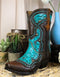 Turquoise Floral Scroll Pattern Fleur De Lis Cowboy Boot Vase Planter Figurine