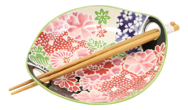 Pink Cherry Blossoms Small Appetizer Coupe Plate Flat Bowl With Chopsticks Set