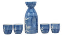Ebros Porcelain Blue Jeans & White Bamboo Japanese Sake Rice Wine Flask And 4 Cups Set