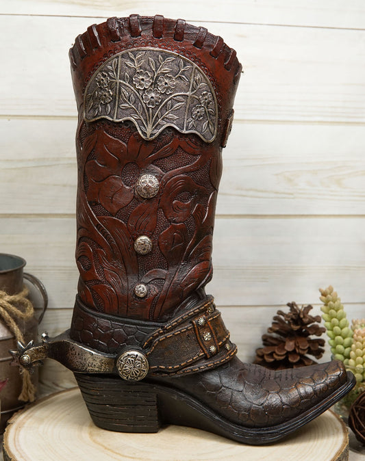 Rustic Western Cowboy Boot With Floral Concho And Spur Vase Planter Figurine 13"