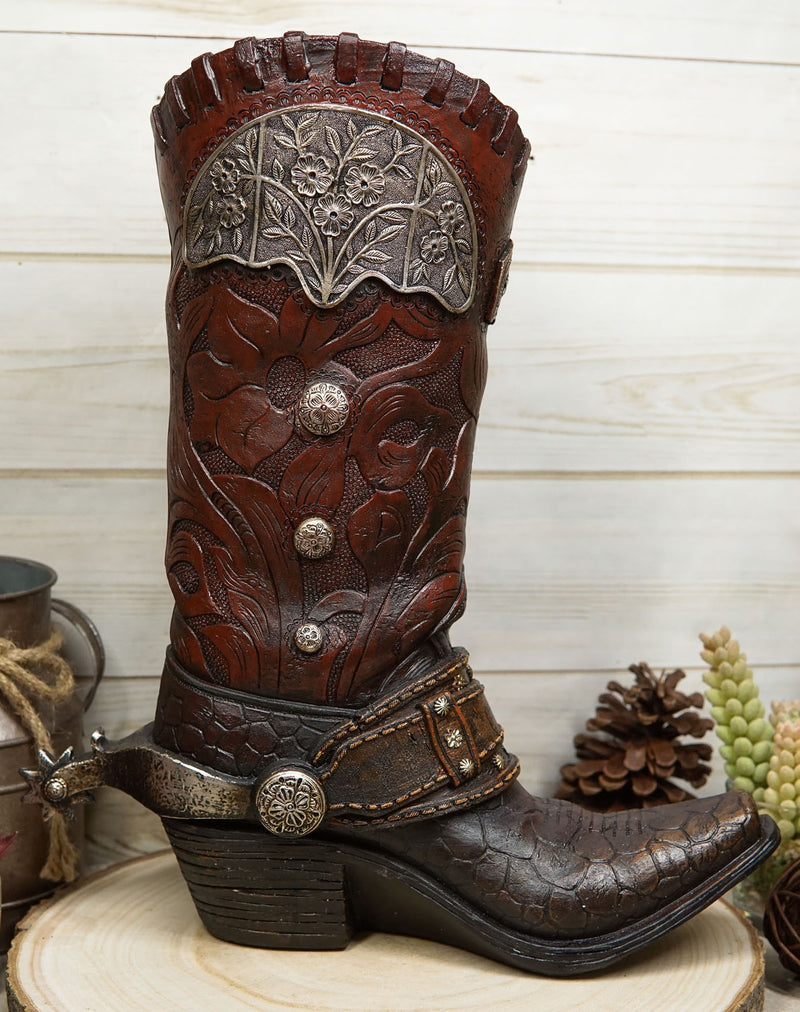 Rustic Western Cowboy Boot With Floral Concho And Spur Vase Planter Figurine 13"