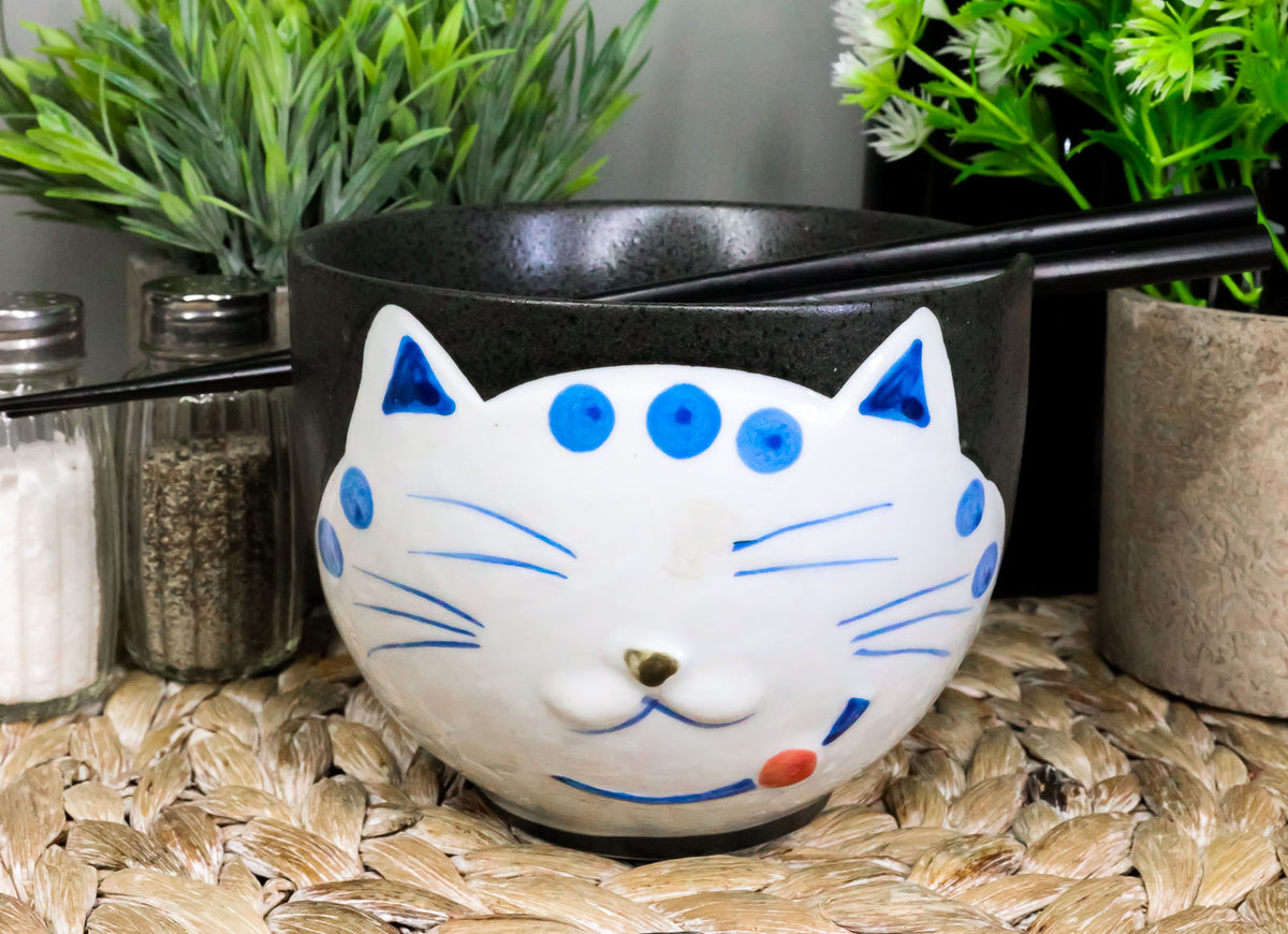 Ebros Whimsical Ceramic Black Lucky Meow Cat Ramen Noodle Bowl & Chopsticks Set