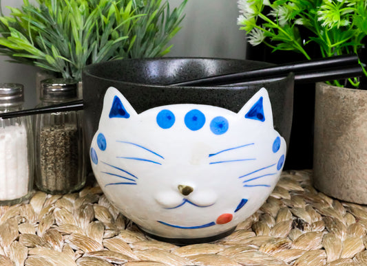 Ebros Whimsical Ceramic Black Lucky Meow Cat Ramen Noodle Bowl & Chopsticks Set