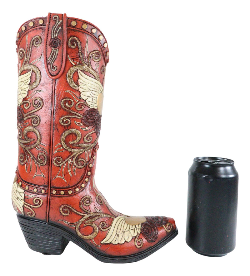 Western Country Angel Wings Heart Roses Scrollwork Cowgirl Red Boot Flower Vase