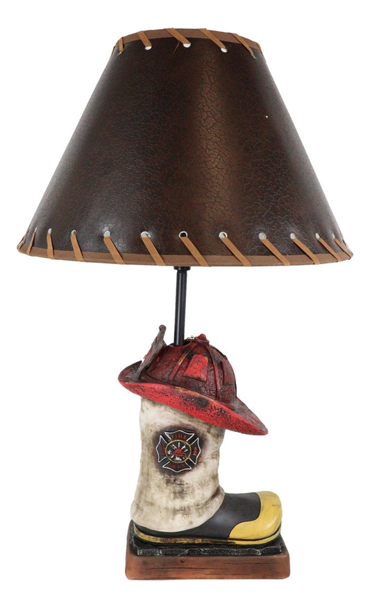 American Hero Fire Fighters Fireman Boot And Helmet Table Lamp With Laced Shade - Ebros Gift