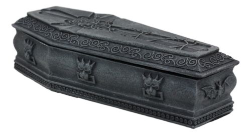 Gothic Gargoyle With Twisted Rose Vine Cross Coffin Jewelry Box Figurine 6"Long
