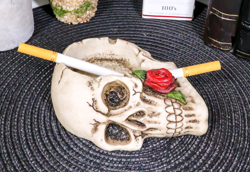 Ghastly Romantic Red Rose Skull Cigaretter Ashtray Resin Skeleton