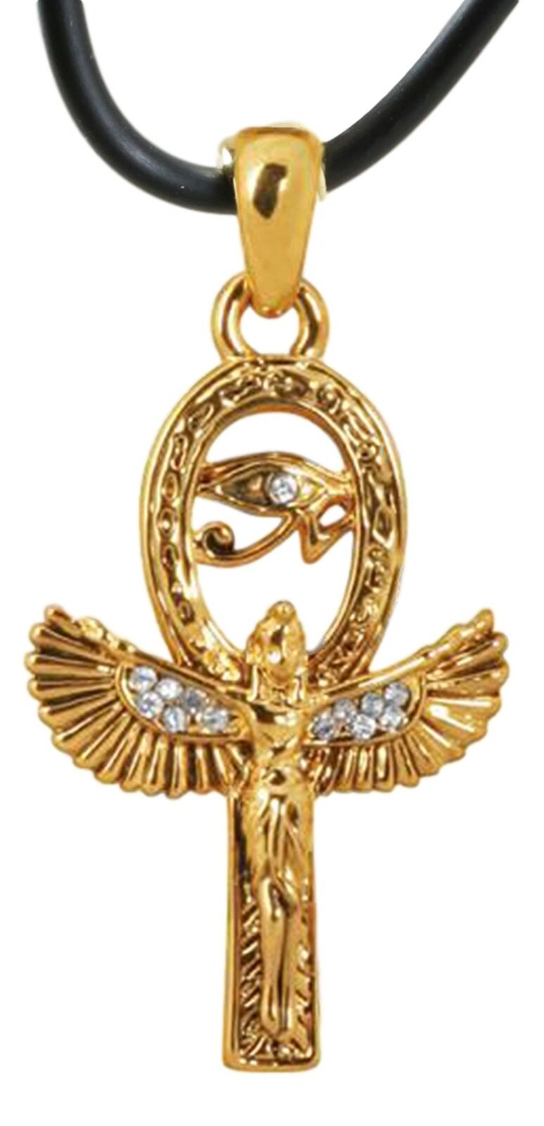 Ebros Golden Isis with Open Wings Ankh Amulet with Eye of Horus Pendant Necklace