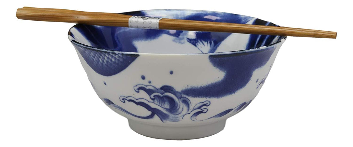Ebros Japanese Made East Asian Chinese Dragons Ceramic Bowls And Chopsticks Set of 2 - Ebros Gift