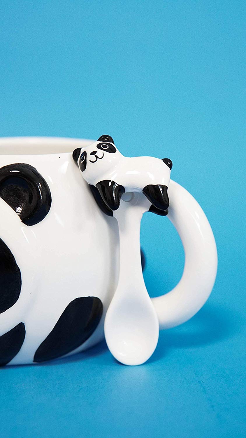 Ebros Giant Panda Bear Ceramic Coffee Mug With Sleeping Cub Latch On Spoon Set - Ebros Gift