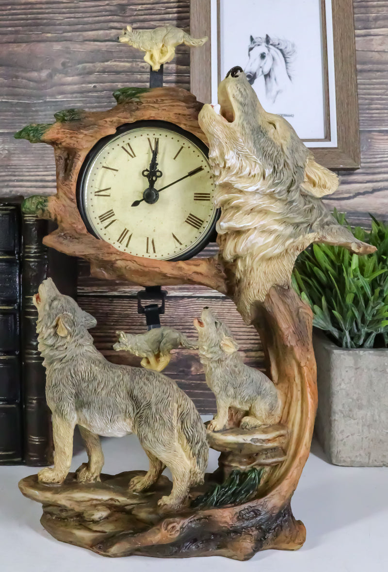 Ebros Howling Gray Wolves Family Table Clock with Pendulum 10.5" Height Decor