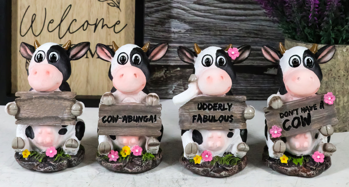 Ebros Farm Bovine Cow Sisters Figurine Set of Three 3.75"H Holding Funny Signs