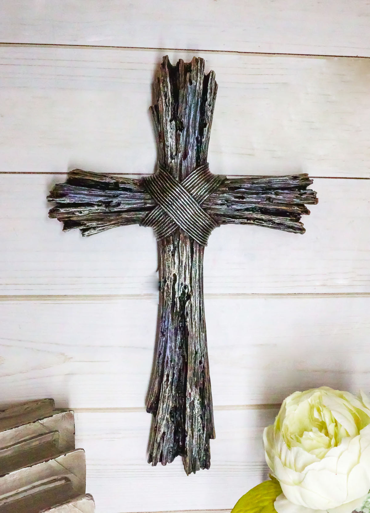 Ebros Rustic Faux Resin Driftwood Finish Crucifix Rugged Wall Cross Decor 13"H - Ebros Gift