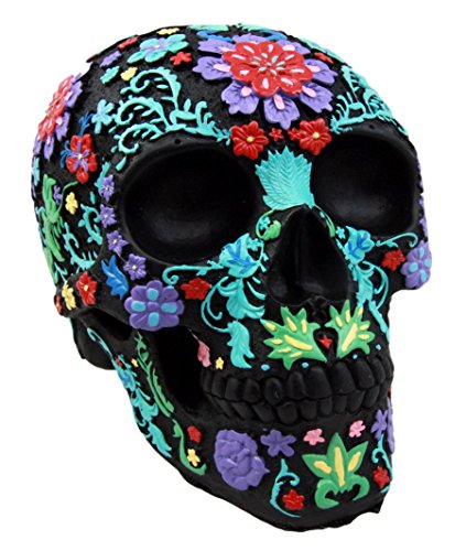 Ebros Gift Day Of The Dead Black Multi Colored Floral Tattoo Skull Figurine 8"L