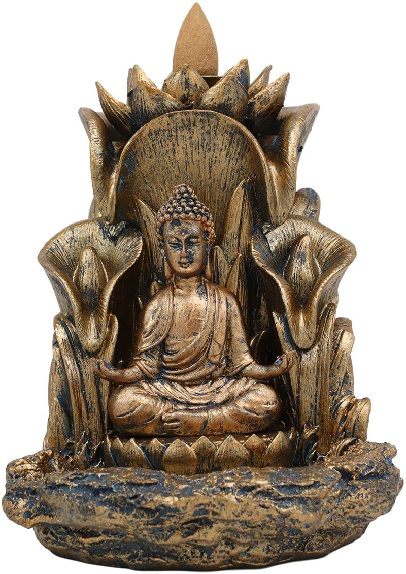 Ebros Meditating Buddha Gautama Amitabha Sitting On Lotus Backflow Cone Incense Burner 5.25"H