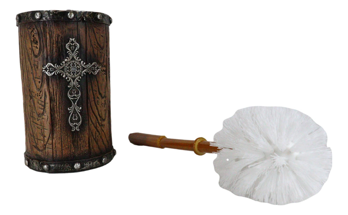Country Rustic Western Silver Scroll Cross Faux Wood Toilet Brush And Holder Set