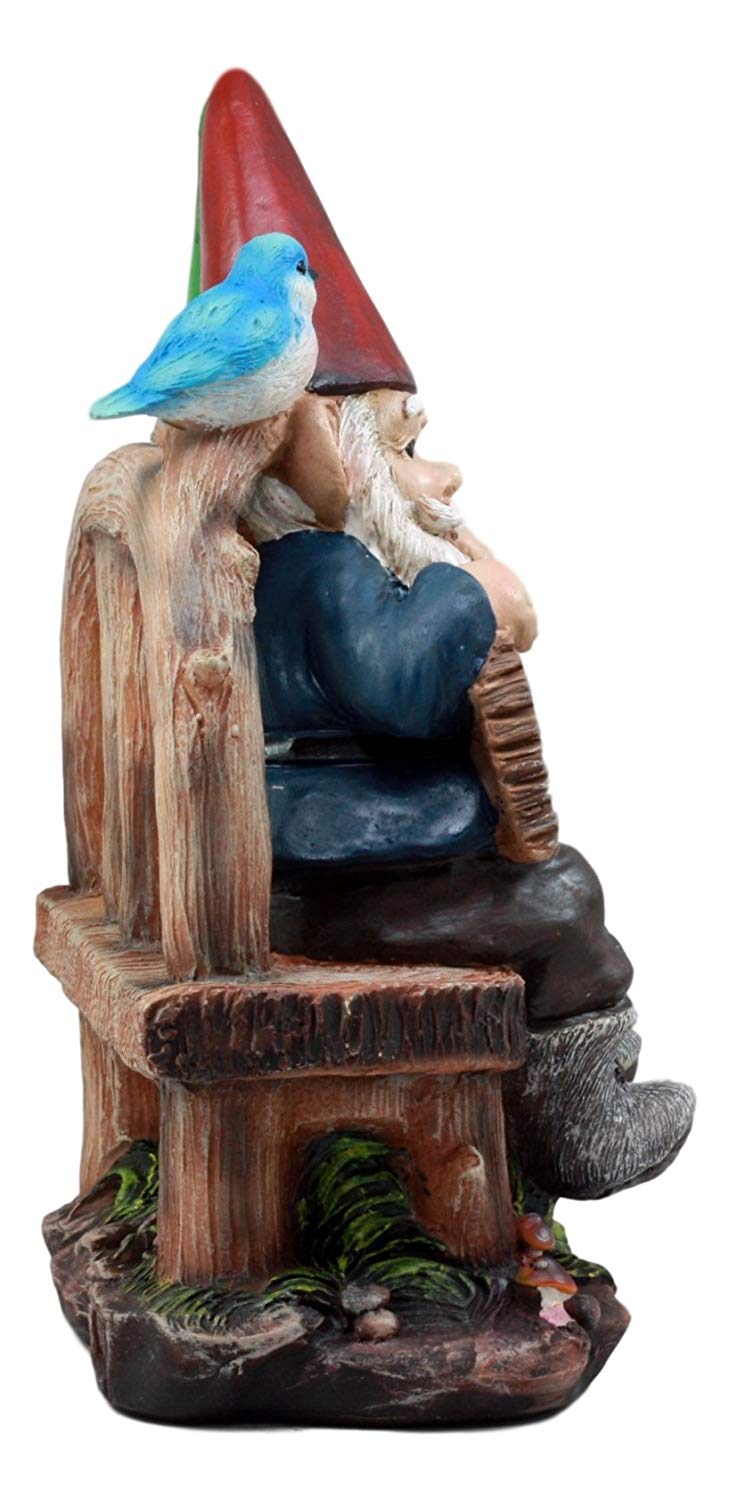 Ebros Gift Whimsical Mr & Mrs Gnome Sitting On Rustic Chair with Blue Bird Statue Grow Old with Me Guest Greeter Patio - Ebros Gift