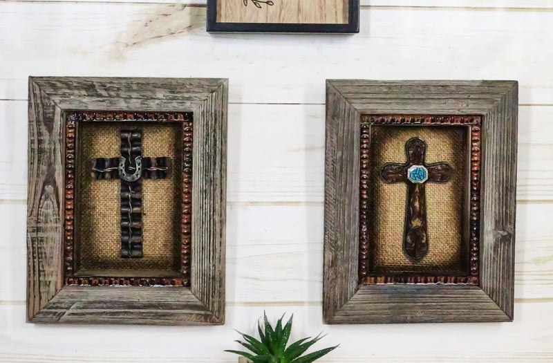 Pack of 2 Rustic Western Turquoise Gems Horseshoe Cross Wood Framed Wall Decors