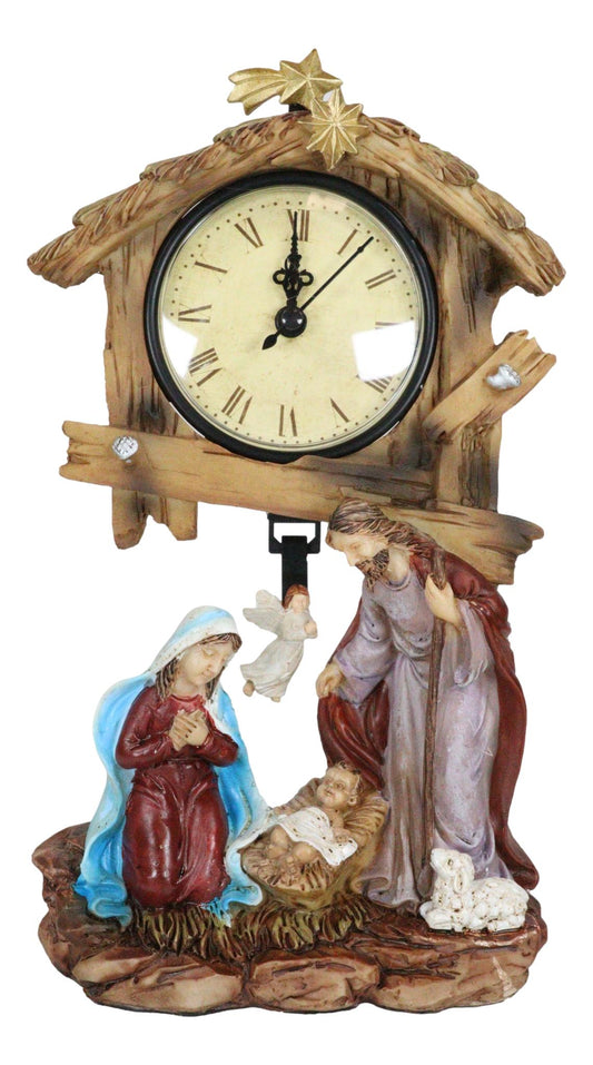 Holy Family Nativity Mary Joseph and Baby Jesus In Manger Pendulum Table Clock - Ebros Gift