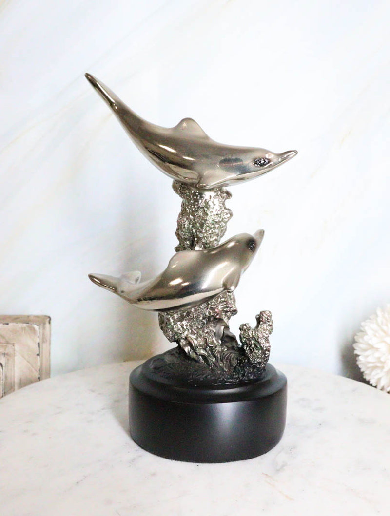 Nautical Marine Sea Gay Dolphins By Coral Reef Silver Electroplated Figurine