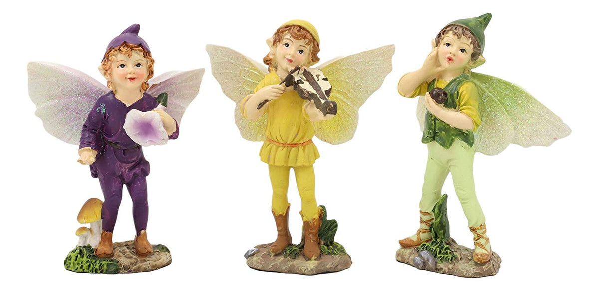 Ebros Set of 3 Fairy Garden Boy Fairies in Morning Violin Serenade Figurines 4"H - Ebros Gift