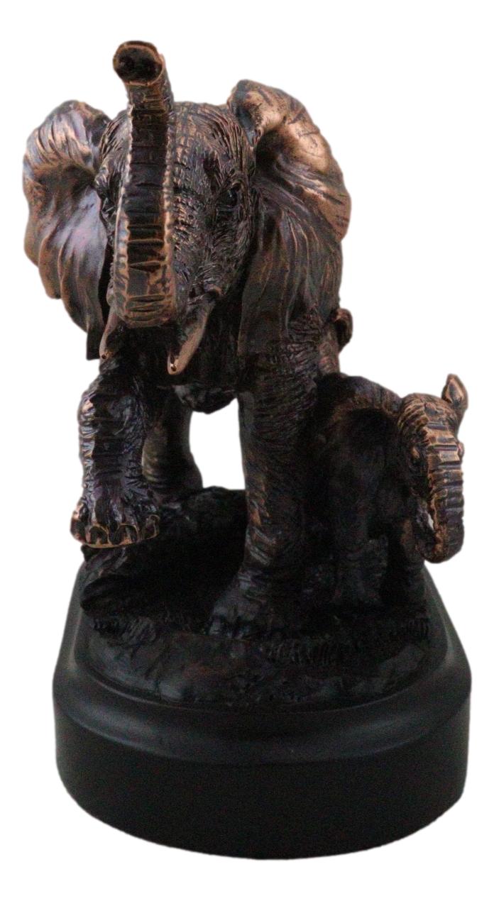 African Safari Bush Elephant Mother With Calf On Jungle March Figurine With Base