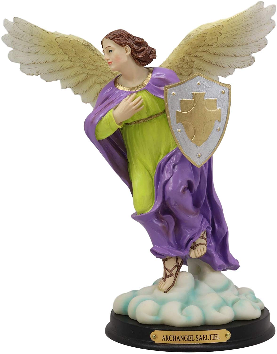 Ebros Holy Archangel Saint Saeltiel Carrying Shield of Faith Statue with Brass Name Plate 10" Tall Angel Selaphiel Patron of Worship Intercession and Prayer of God Altar Collectible Figurine