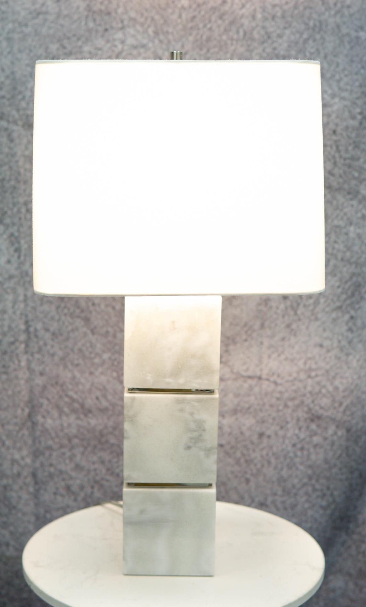 27"H Contemporary Elegant 3 White Marble Cubes Gold Trim Table Lamp Fabric Shade - Ebros Gift