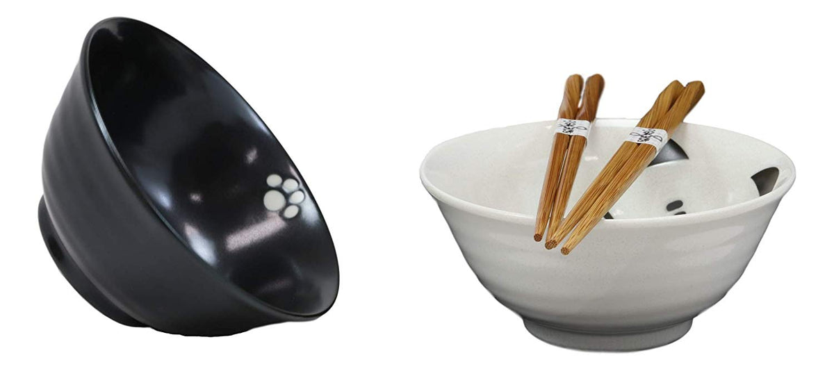 Ebros Made In Japan Black And White Lucky Meow Cats Bowl Set of 2 With Chopstick