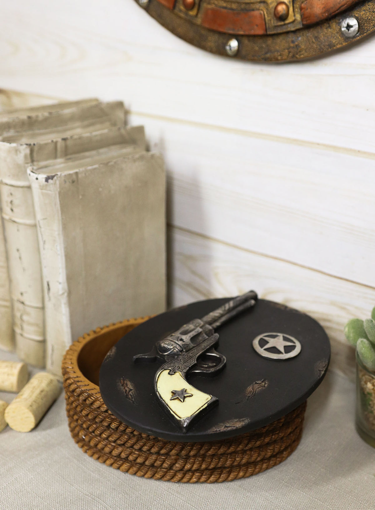 Ebros Rustic Cowboy Revolver Six Shooter Gun Western Star & Ropes Small Decorative Box