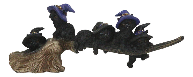 Halloween 5 Black Kitten Cats With Witch Hat Riding Magical Broomstick Figurine