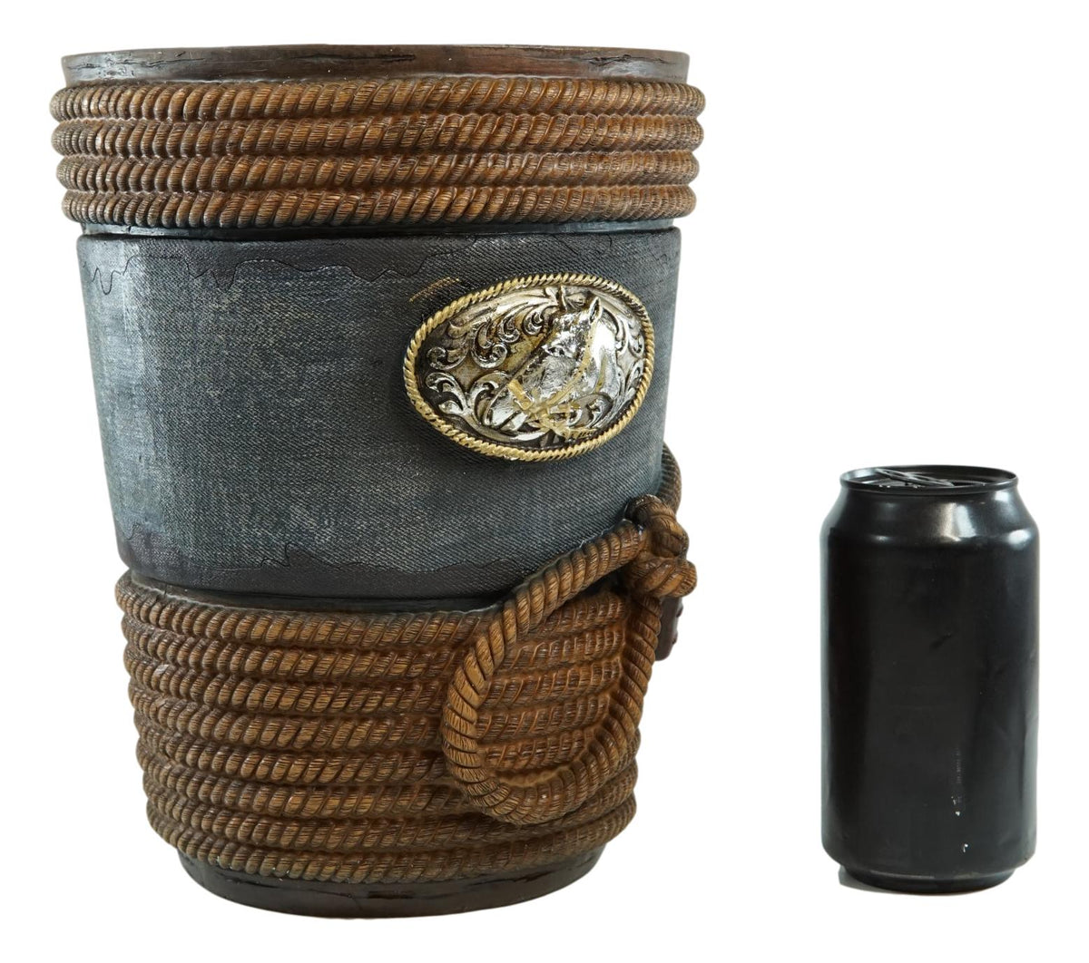 Rustic Western Cowboy Ropes Horse Concho W/ Denim Finish Waste Basket Trash Bin