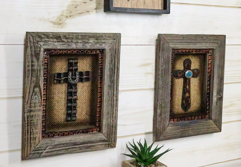 Pack of 2 Rustic Western Turquoise Gems Horseshoe Cross Wood Framed Wall Decors