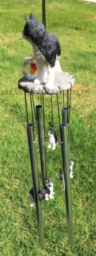 Ebros Tuxedo Black Kitty Cat with Fish Bowl Resonant Wind Chime 18.5"H Garden